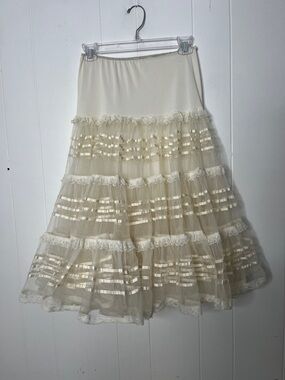 Vintage Cream Tiered Lace & Ribbon Midi Skirt Full Petticoat Coquette Size S